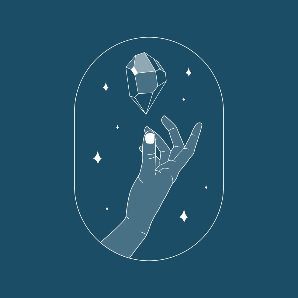 Hand reaching for the crystal gem outline illustration. Magic crystal concept. Modern vector illustration. Transparent line art gem with stars. Minimalistic sticker design for web.