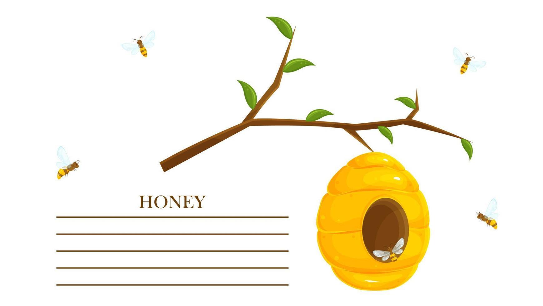 Ready-made label for a jar of honey, a sticker for honey, a template for printing, a label with a beehive, packaging vector