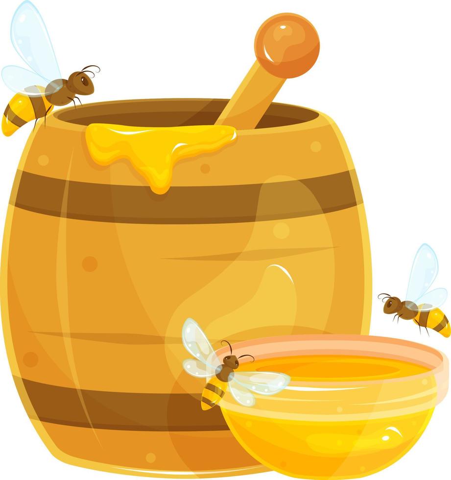 vector illustration of a barrel with honey, bees sitting on a wooden barrel with honey, a saucer with honey, flying around