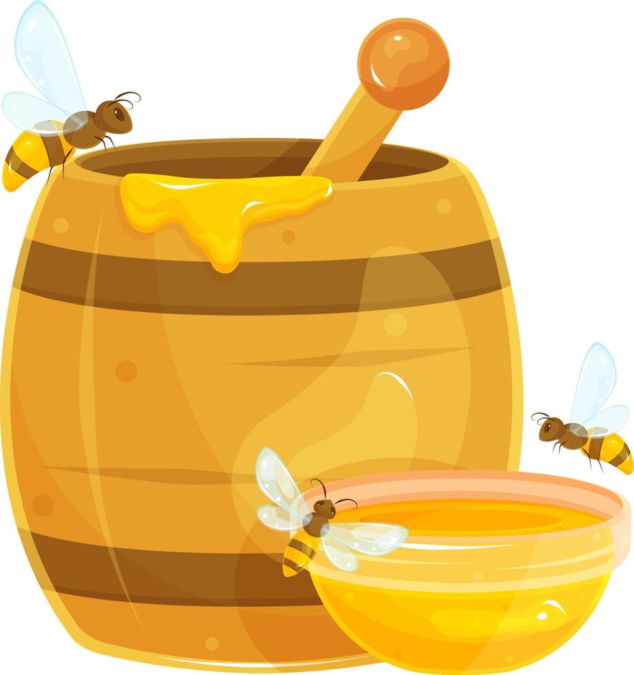 vector ilustración de un barril con Miel, abejas sentado en un de madera barril con Miel, un platillo con Miel, volador alrededor