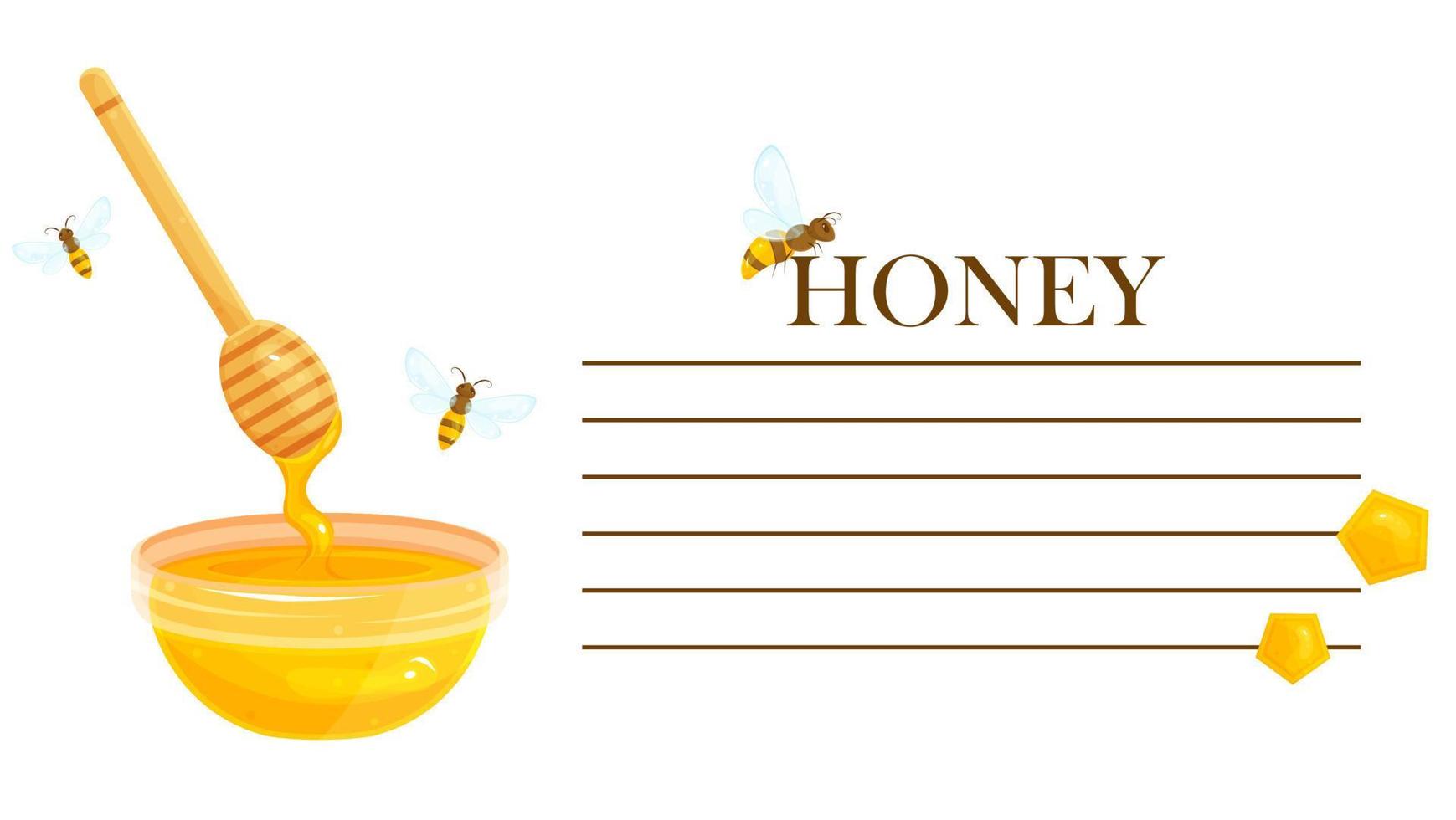 Ready-made label for a jar of honey, a sticker for honey, a template for printing, a label with a cup and a spoon of honey, packaging vector