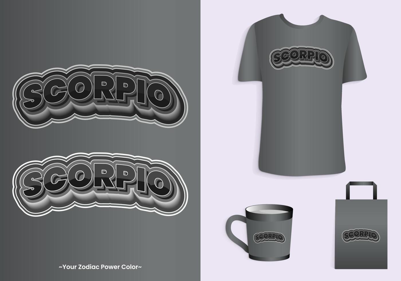 Scorpio zodiac power color is black. Typography t-shirt, tote bag, and cup design for merchandise and print. Mock-up templates included vector