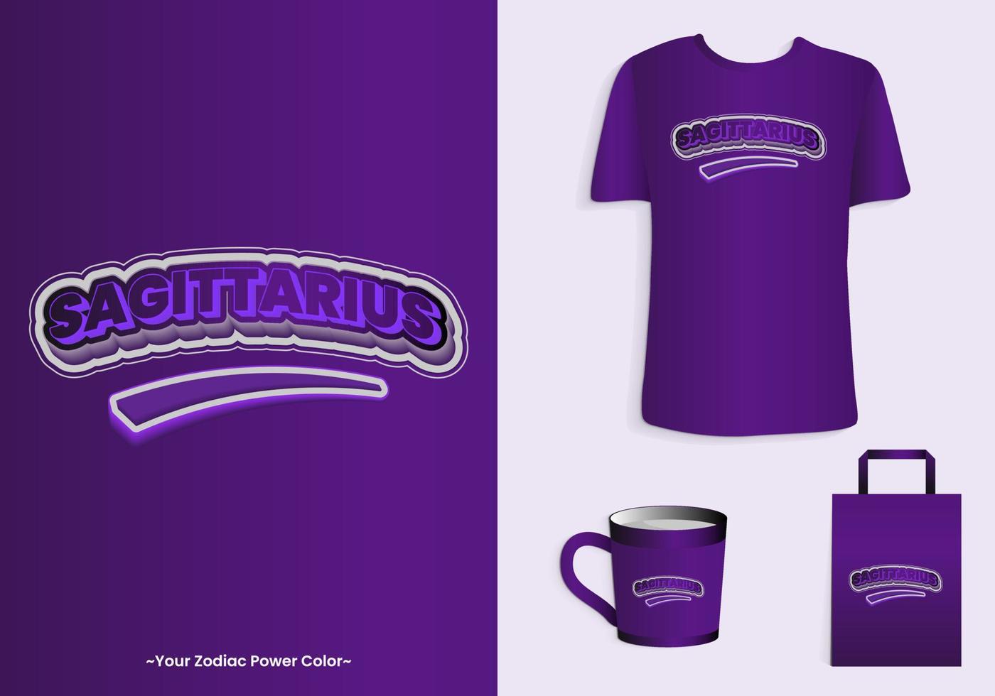 Sagittarius zodiac power color is purple. Typography t-shirt, tote bag, and cup design for merchandise and print. Mock-up templates included vector