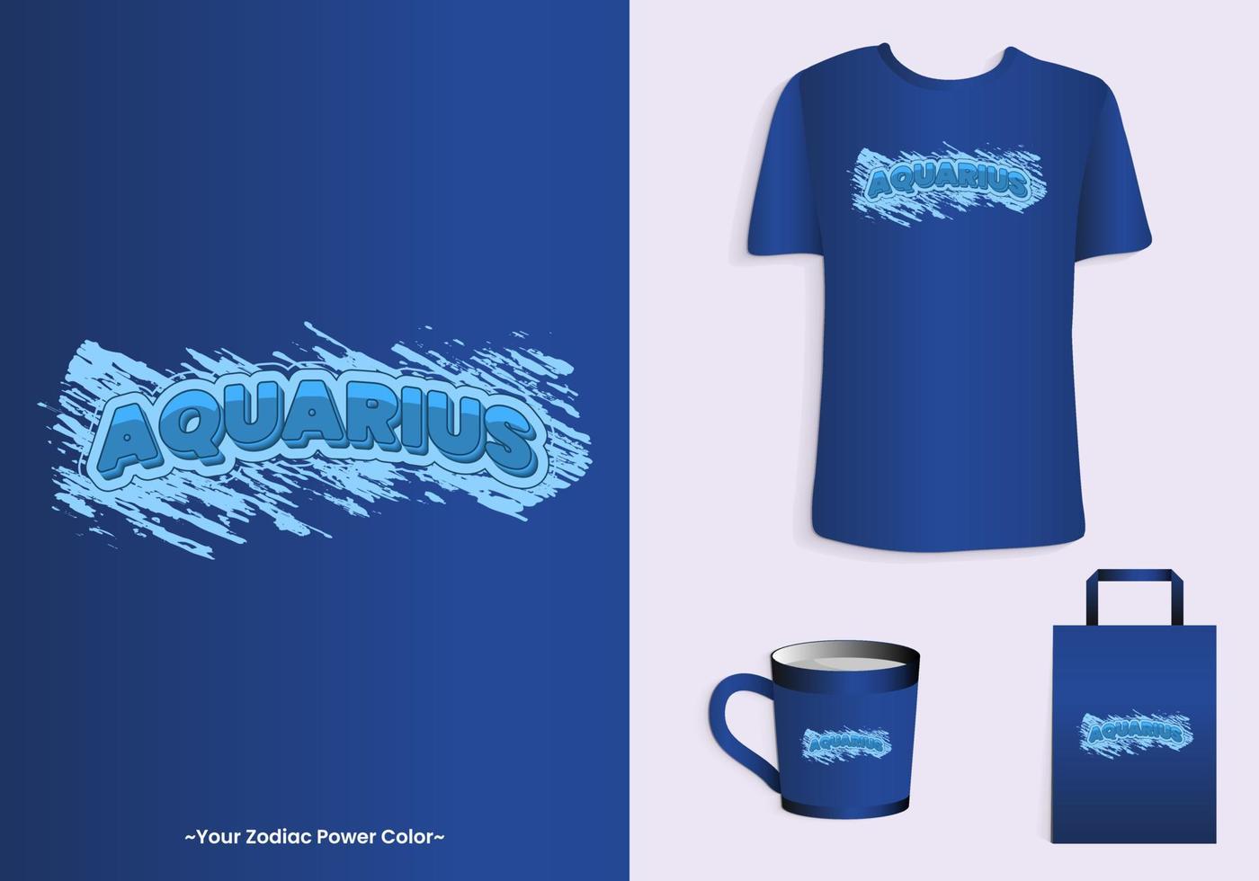 Aquarius zodiac power color is blue. Typography t-shirt, tote bag, and cup design for merchandise and print. Mock-up templates included vector
