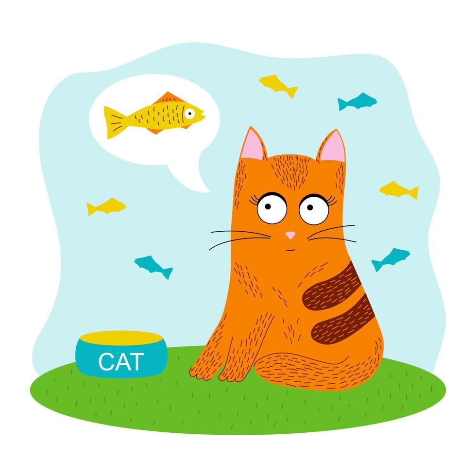 Red Cat Thinks About Fish vector
