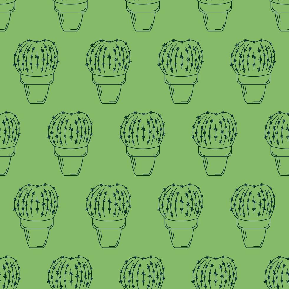Seamless Pattern With Cacti In Pots Outline, Echinocactus vector