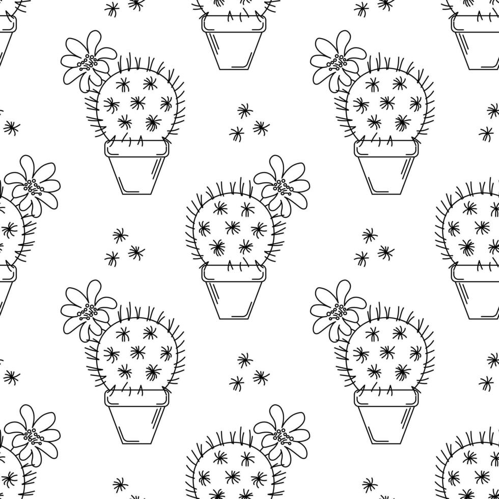 Seamless Pattern With Cacti In Pots Outline, Rebutia, Mammillaria vector