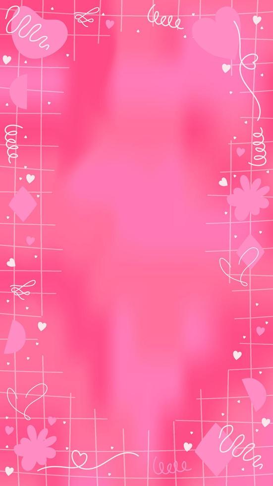 Pink romantic blurry Mesh Gradient Abstract storic template Background with Copy Space and Hand-drawn Kawaii Y2K Elements - Smooth and Rounded Line doodles vector