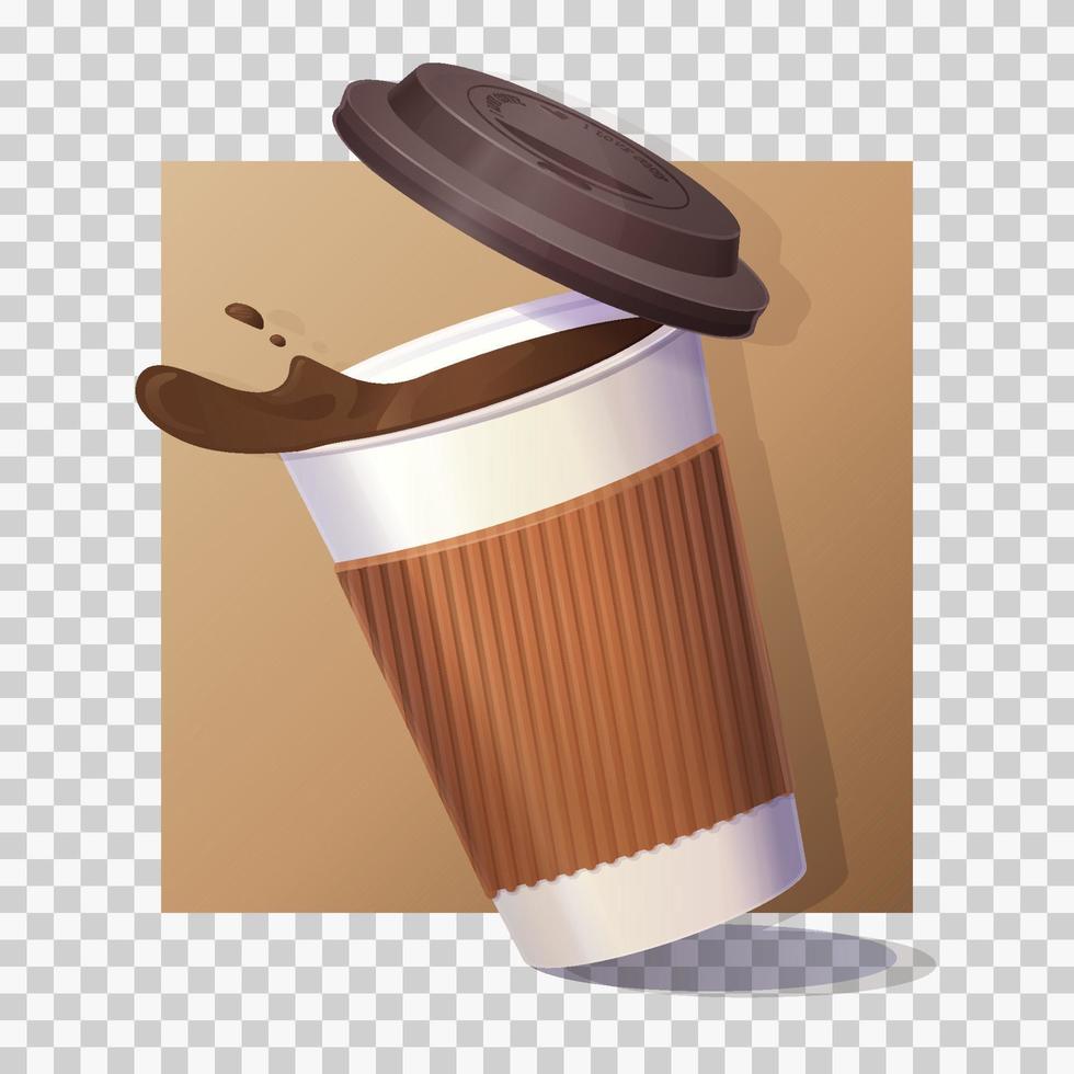 Realistic beverage cup vector Illustration with coffee Pouring and Lid. Stock vector illustration.