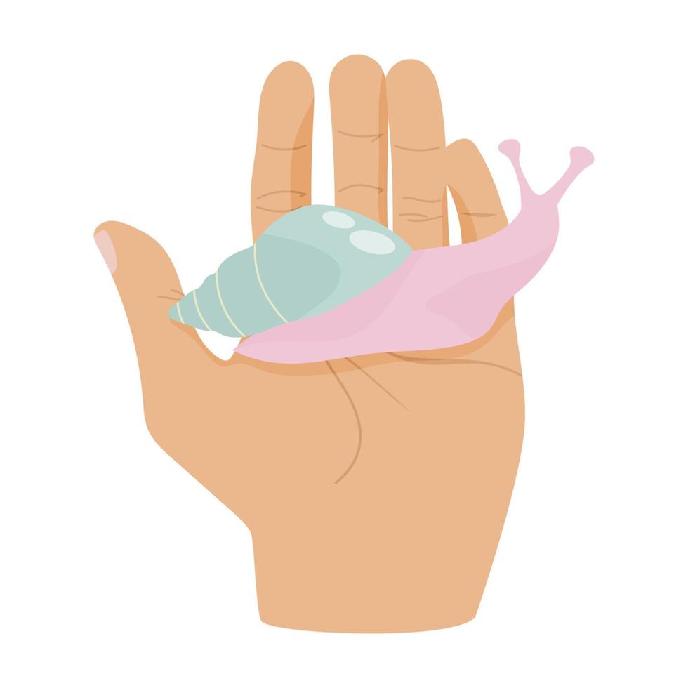 A snail sitting on the palm of a human. Vector design for pet stores, snail care websites and  products.