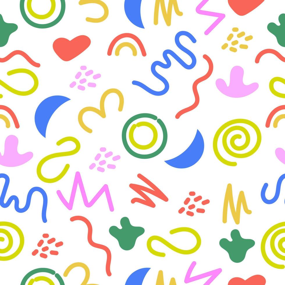 Colourful seamless doodle pattern with simple shapes. Hand drawn minimalist style background. vector