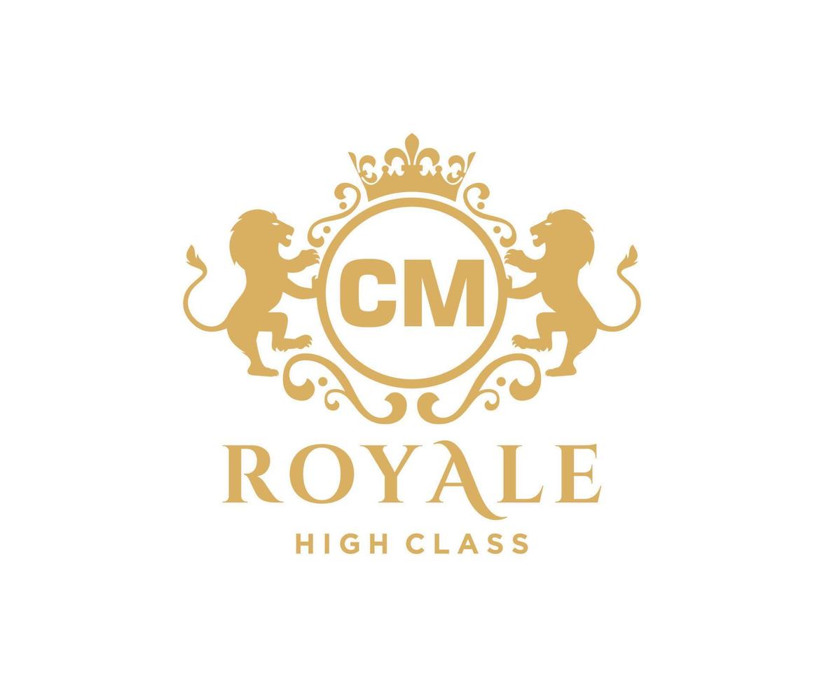 Golden Letter CM template logo Luxury gold letter with crown. Monogram alphabet . Beautiful royal initials letter. vector