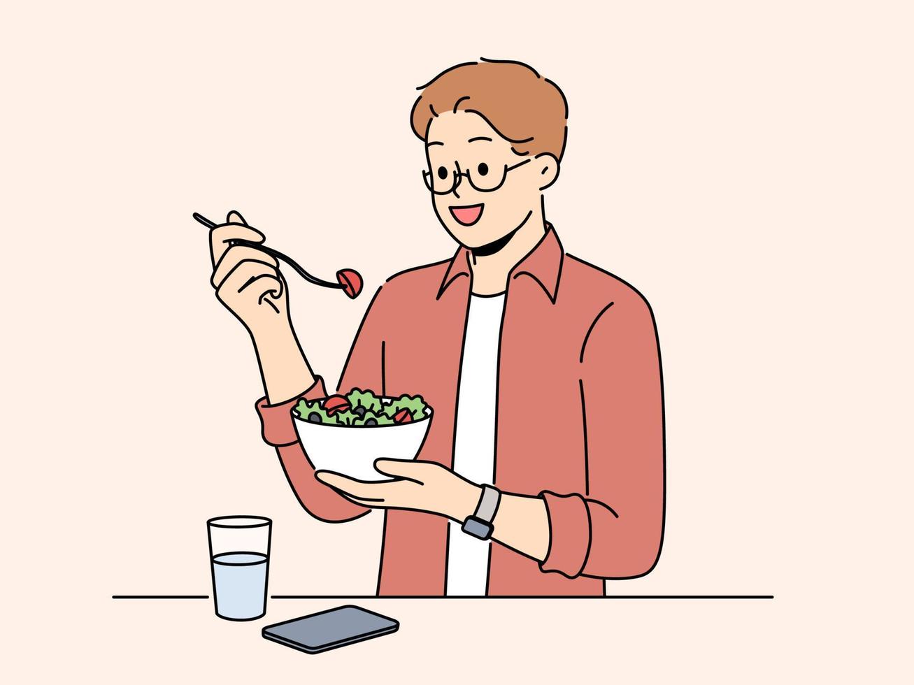 sonriente hombre comer vegetal ensalada bebida claro agua. contento masculino seguir sano dieta cuidado acerca de nutrición. vector ilustración.