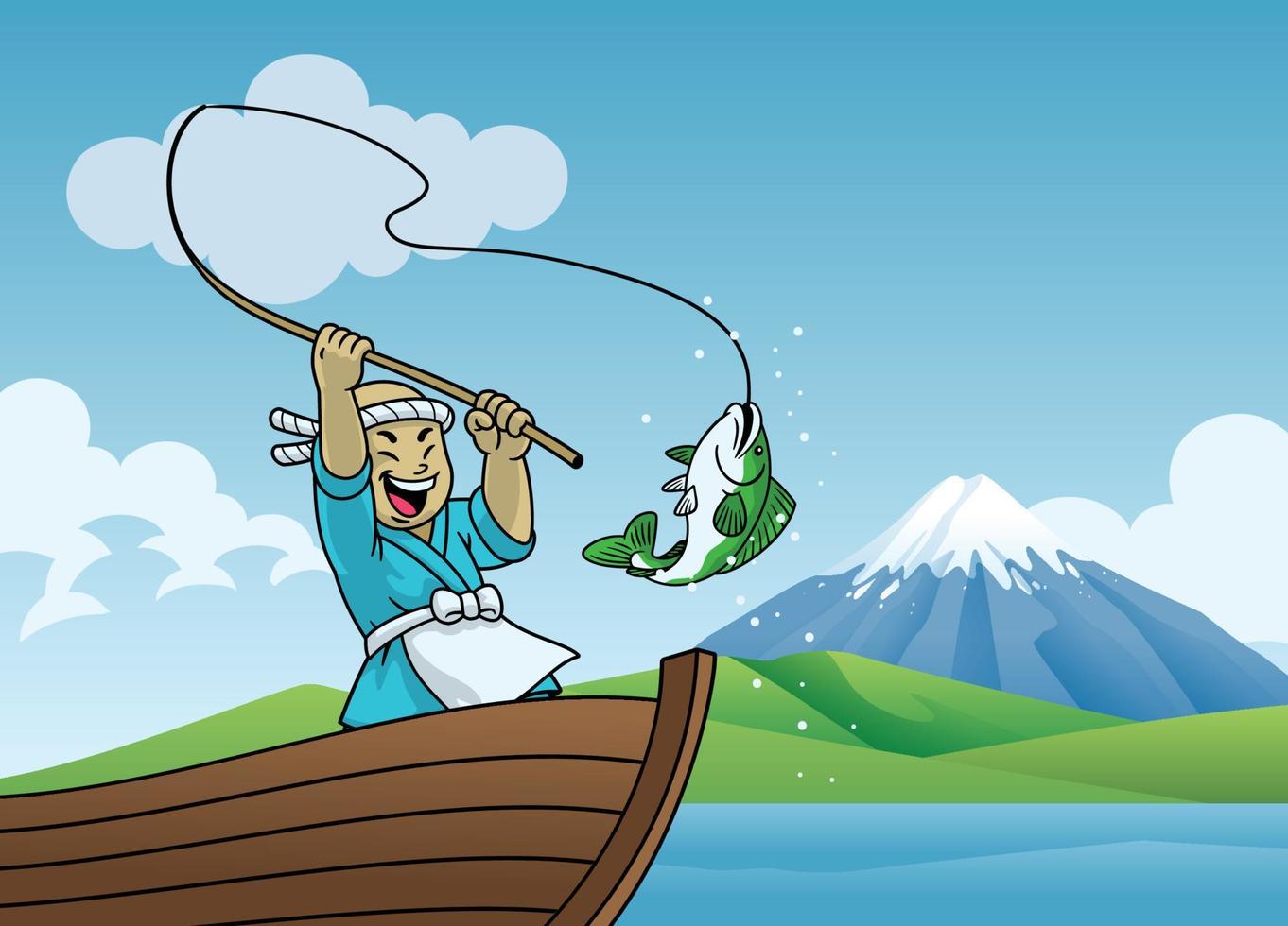 dibujos animados Japón pescador pescar en el lago vector