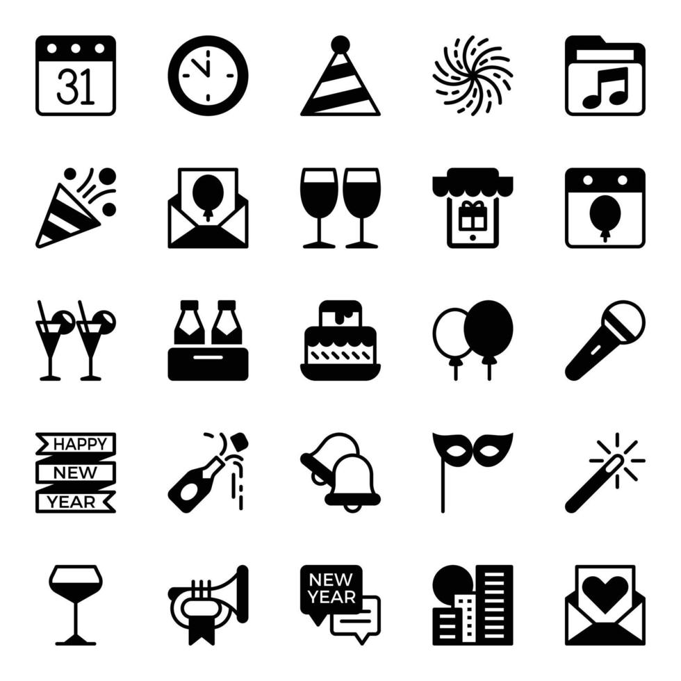 Glyph icons for Happy new year. vector