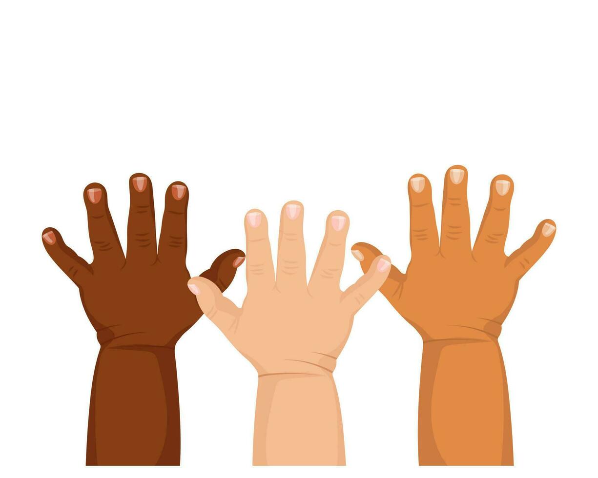 Children's hands of different skin colors on a white background. Toddler hands. Illustration, vector