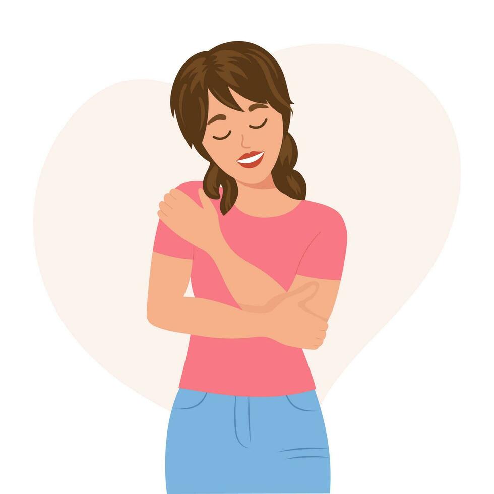 Love yourself. Nice young woman hugging herself. Love your body concept. Flat style illustration, vector