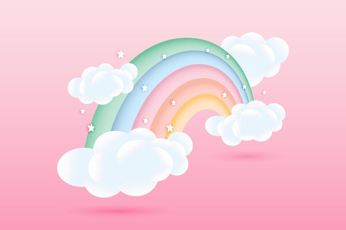 3d baby shower, rainbow with clouds and stars on a pink background, childish design in pastel colors. Background, illustration, vector. vector