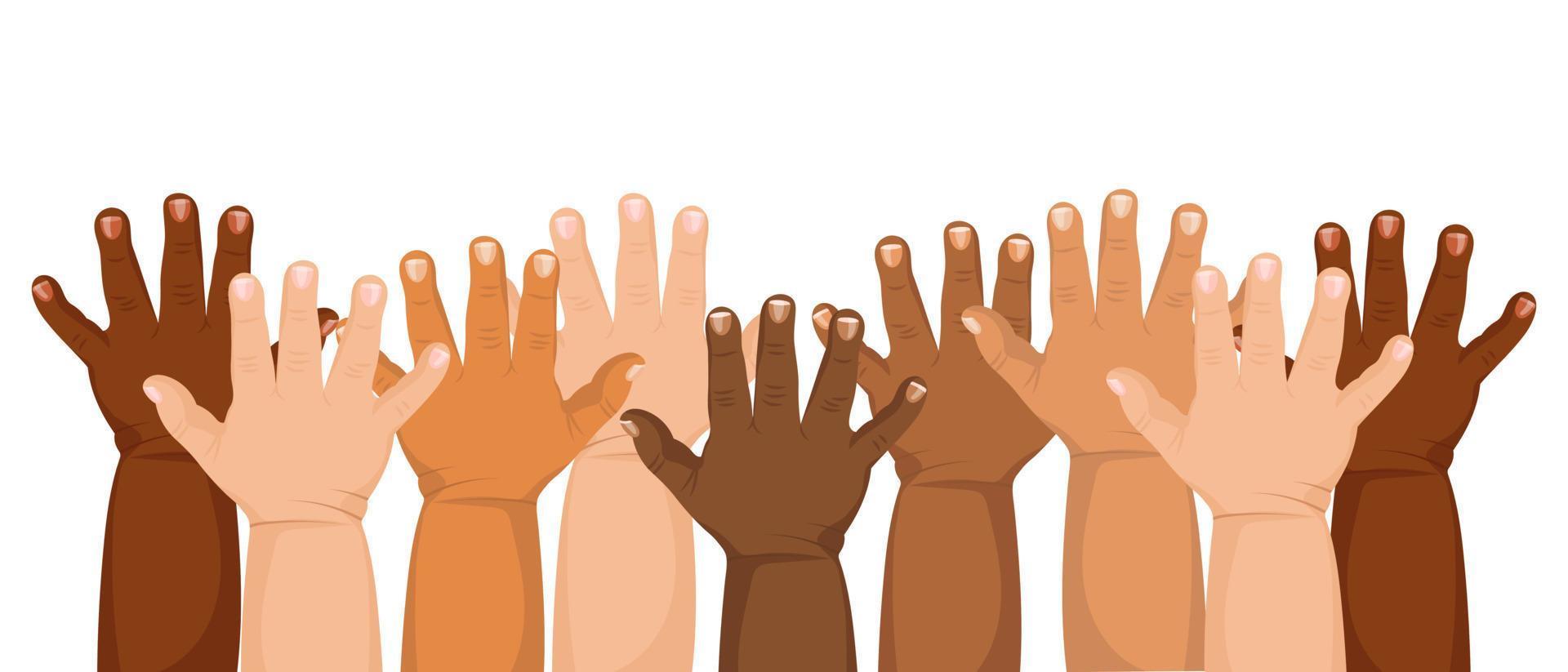 Children's hands of different skin colors on a white background. Toddler hands. Illustration, vector