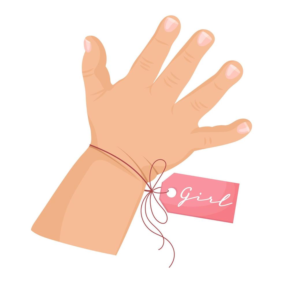 Baby hand with pink tag Girl. Icon, logo, illustration for newborns. Pastel colors, vector