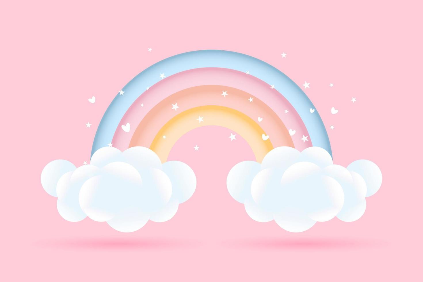 3d baby shower, rainbow with clouds and stars on a pink background, childish design in pastel colors. Background, illustration, vector. vector