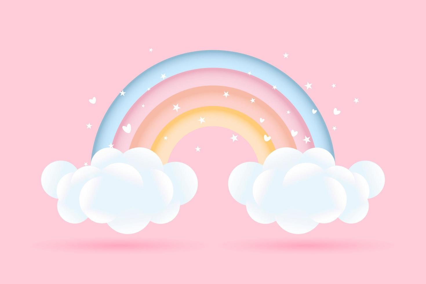 3d baby shower, rainbow with clouds and stars on a pink background, childish design in pastel colors. Background, illustration, vector. vector