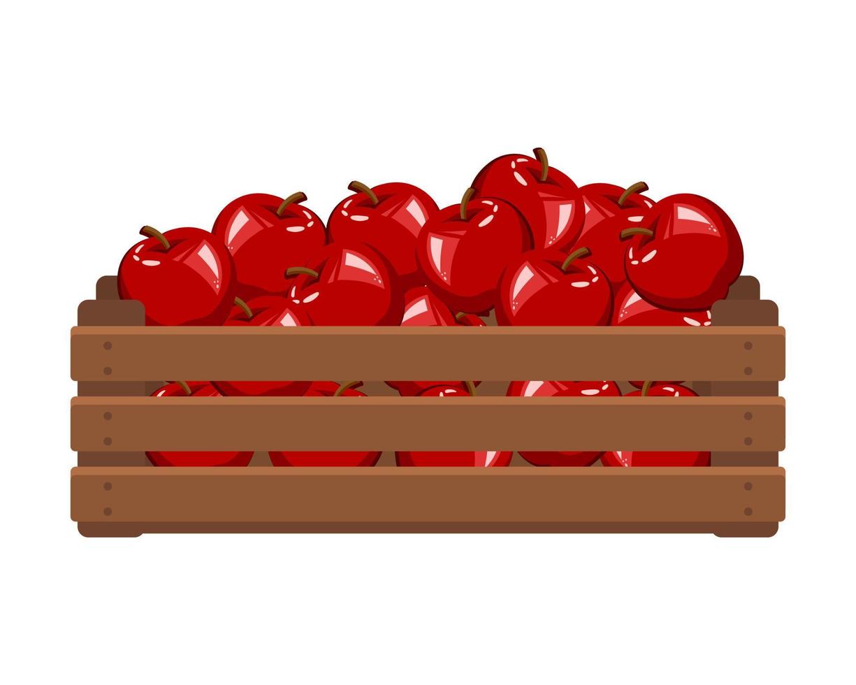 Wooden box with red apples. Healthy food, fruits, agriculture illustration, vector