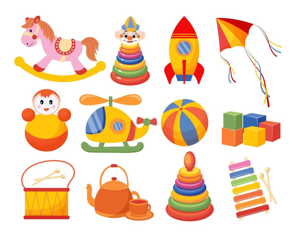 Set of children's toys. Rocket, doll, pyramid, rocking horse, helicopter and drums on a white background. Baby toys icons, vector