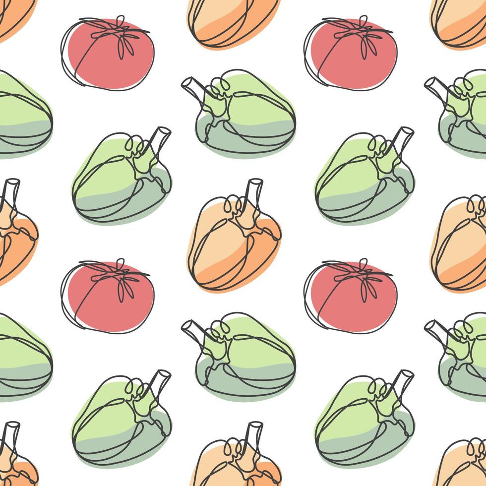 Seamless pattern of vegetables, linear peppers and tomatoes with pastel colors on a white background. Background, proint, textile, vector