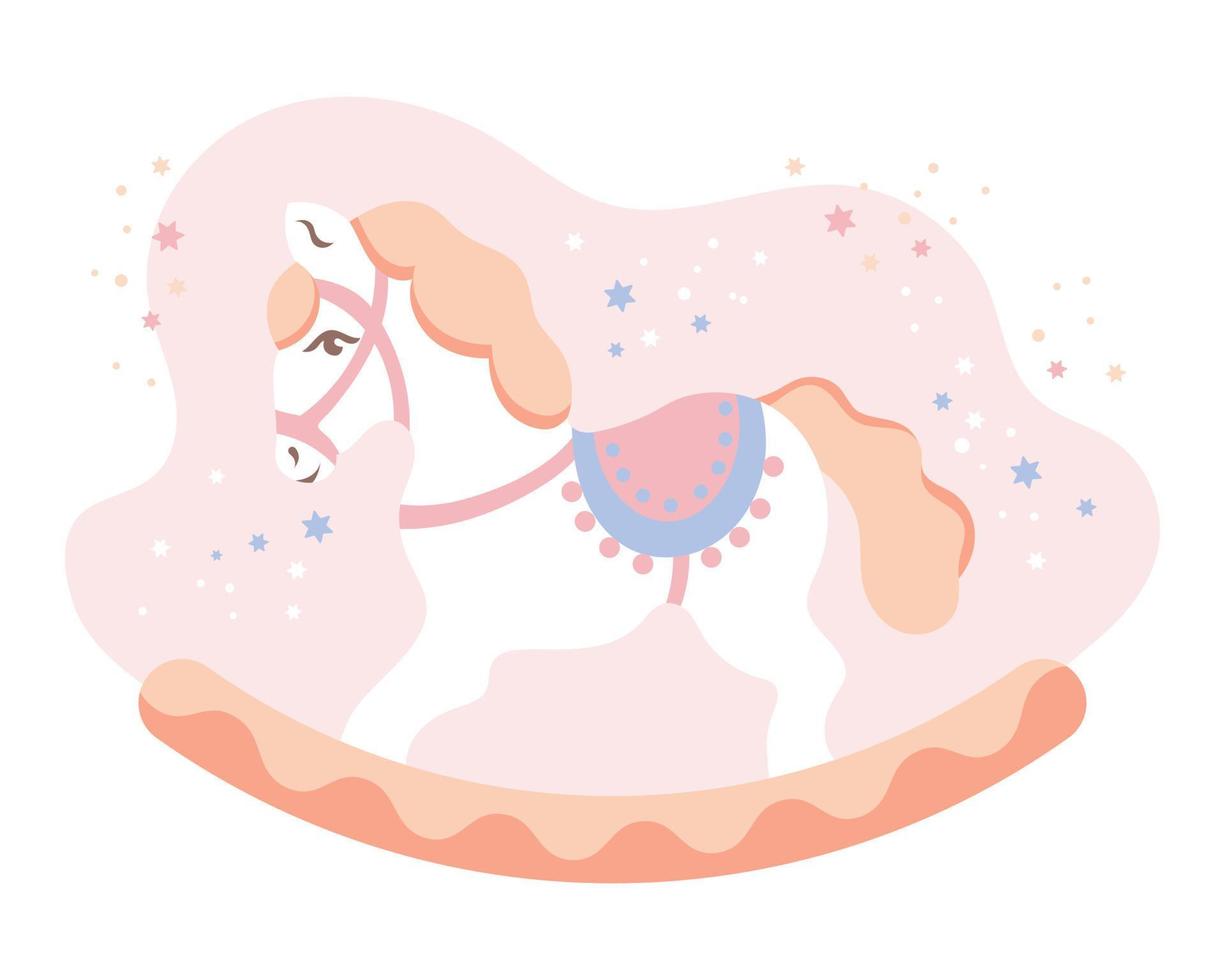 Children's toy rocking horse on a background of stars. Children's card, vector