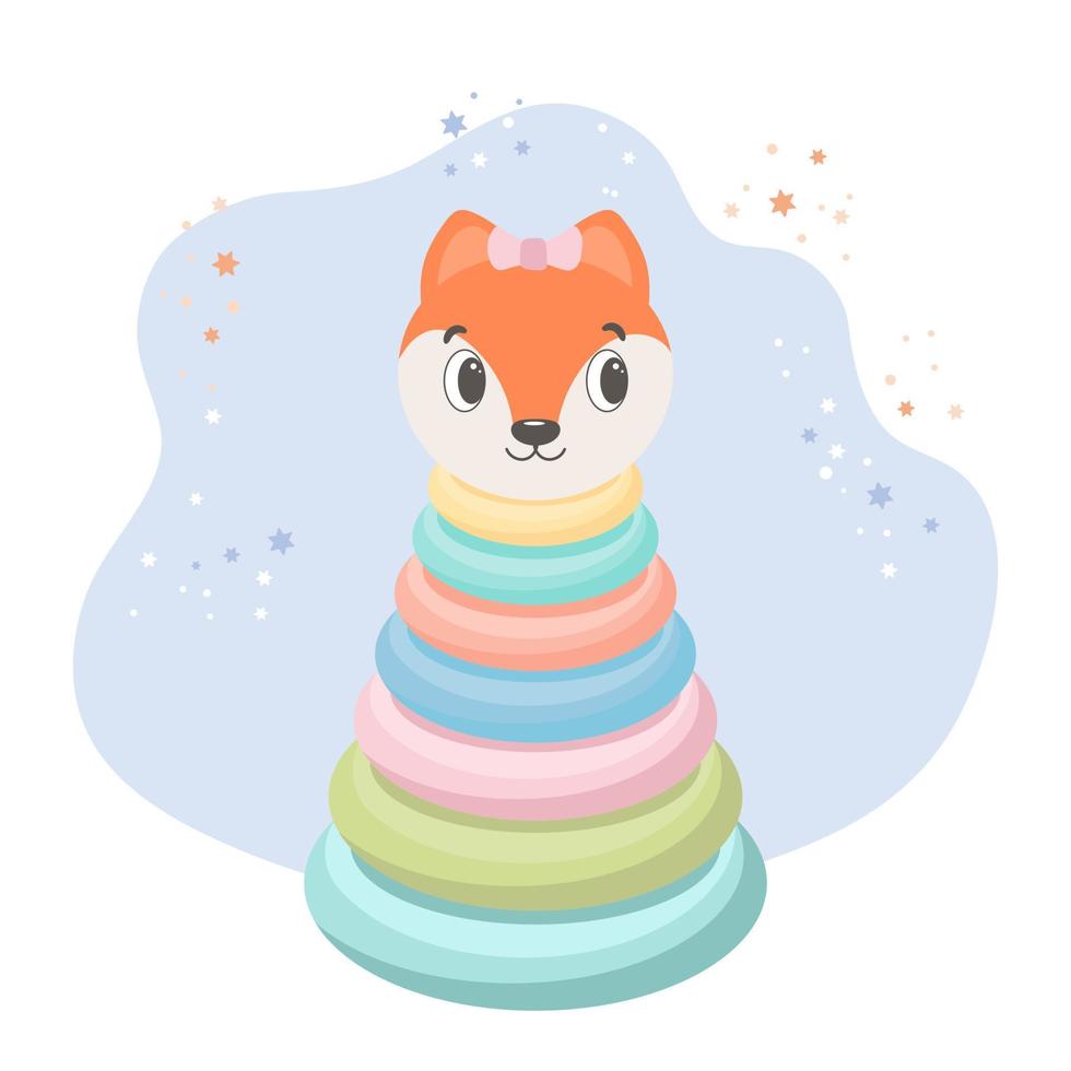 Children's toy pyramid with a fox's head. Fox pyramid on a background with stars. Pastel colors. Illustration, vector