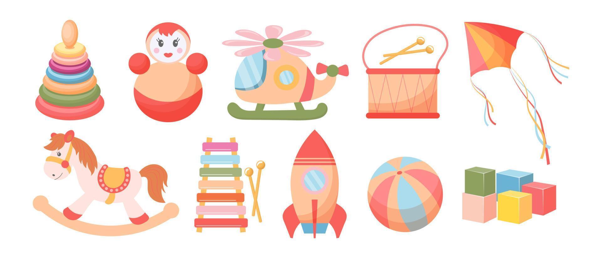 Set of children's toys. Rocket, doll, pyramid, rocking horse, helicopter and drums on a white background. Baby toys icons, vector