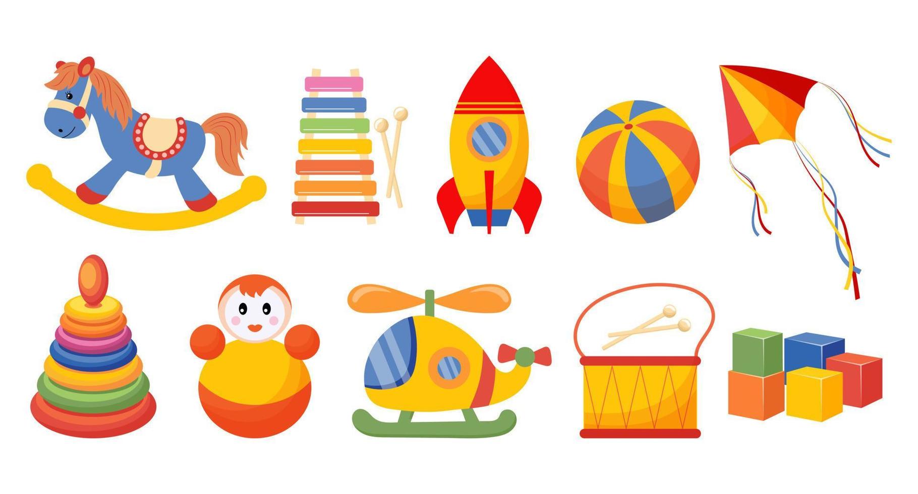 Set of children's toys. Rocket, doll, pyramid, rocking horse, helicopter and drums on a white background. Baby toys icons, vector