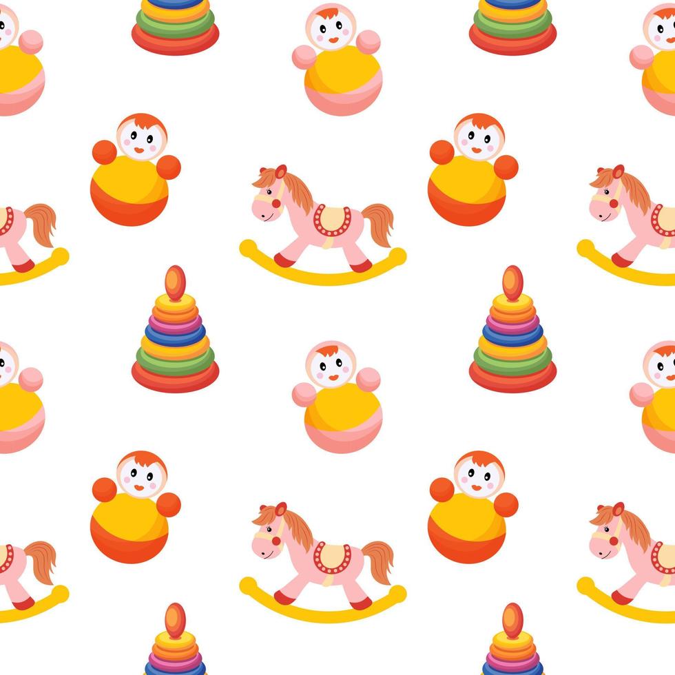 Seamless pattern of colorful children's toys. Rocking horses, pyramids and captive dolls on a white background. Background for girls, print, vector