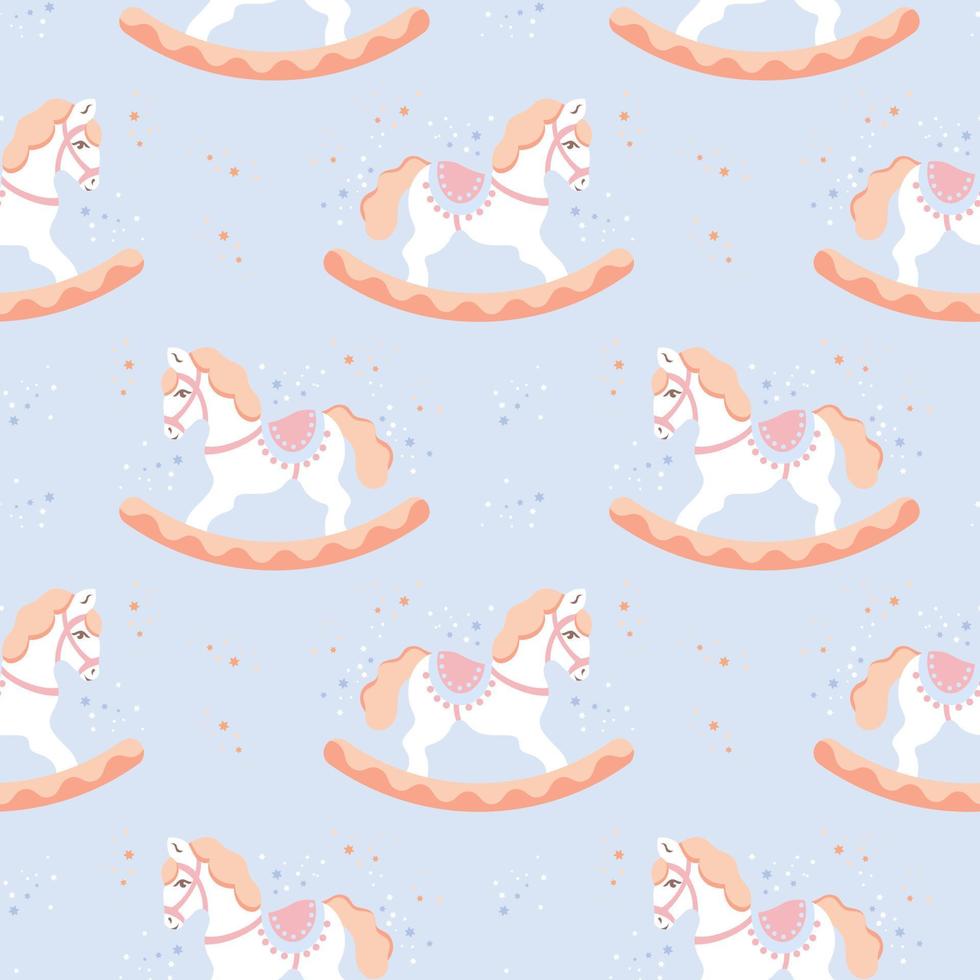 Seamless pattern, cute rocking horses on a background with stars. Pastel colors. Baby shower background, baby textile, wallpaper, vector