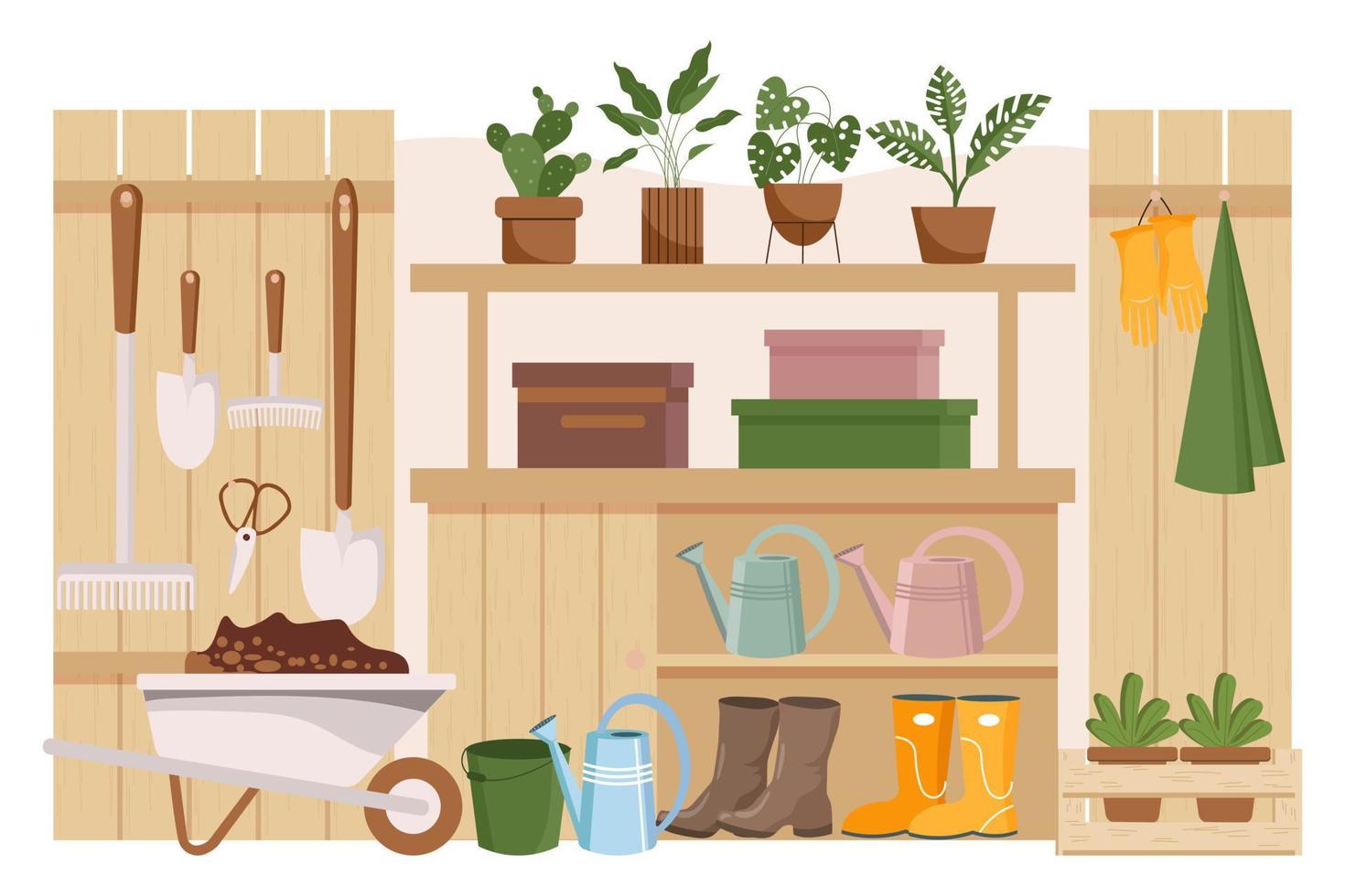 jardinería habitación, interior. jardín herramientas, granja ropa, botas, guantes, carretilla y plantas en el estantes. ilustración, vector. vector