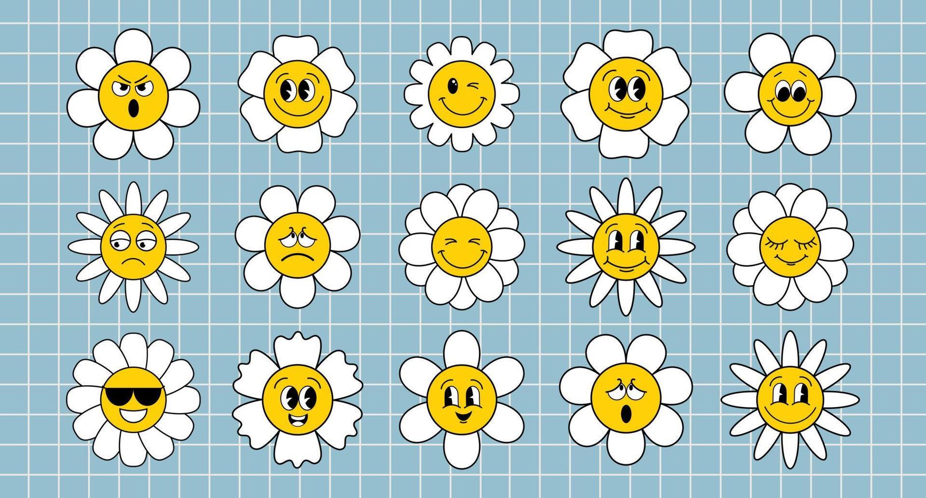 Set of cartoon flowers with different faces. Set of cute funky hippie flowers. Retro 70s atmosphere, psychedelic groove elements. Icons in cartoon style, vector