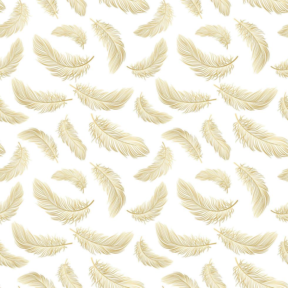 Seamless pattern with delicate golden feathers on a white background. Background, textile, vector