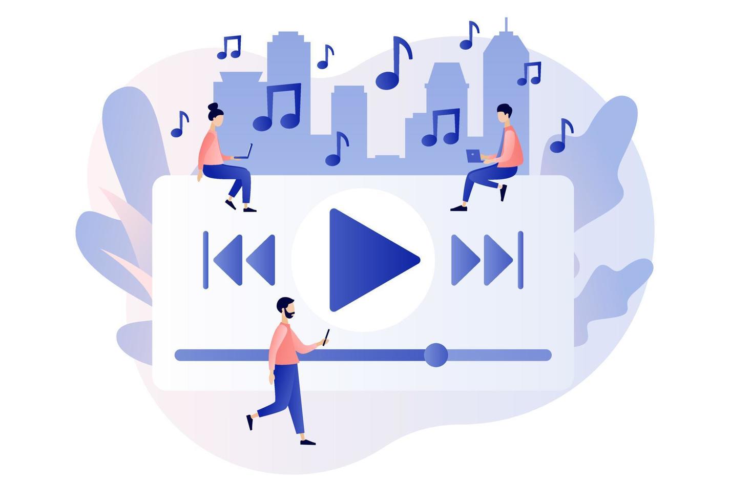 Media player. Tiny people listen music, sound, audio or radio online with smartphone app or laptop. Music play list. Modern flat cartoon style. Vector illustration on white background