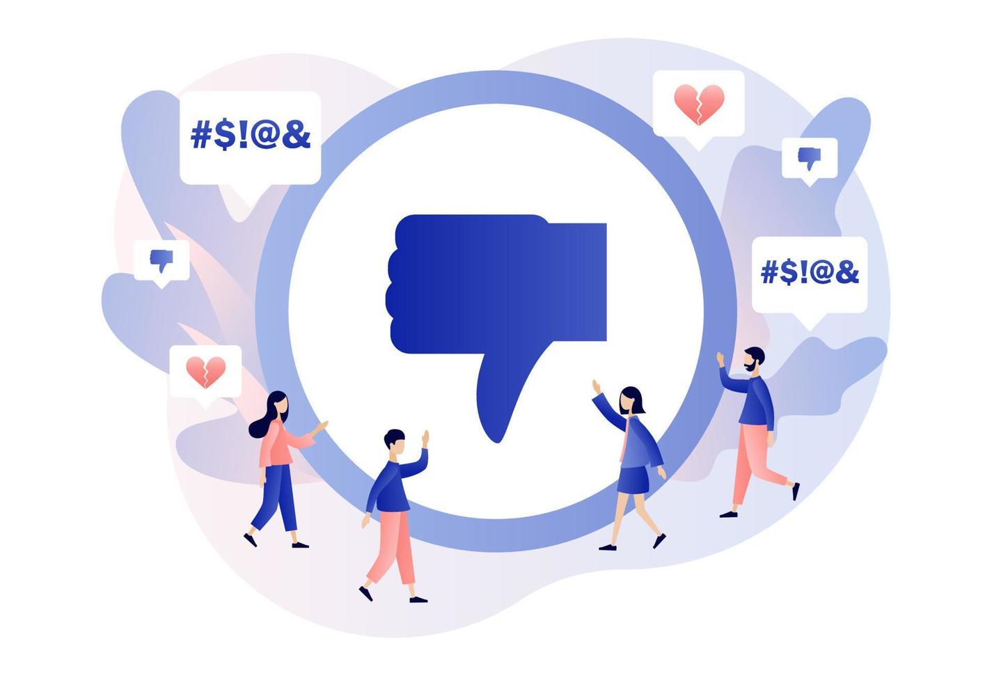 Haters online. Cyberbullying. Bullying internet, trolling and hate speech. Tiny people press big dislike button. Modern flat cartoon style. Vector illustration on white background