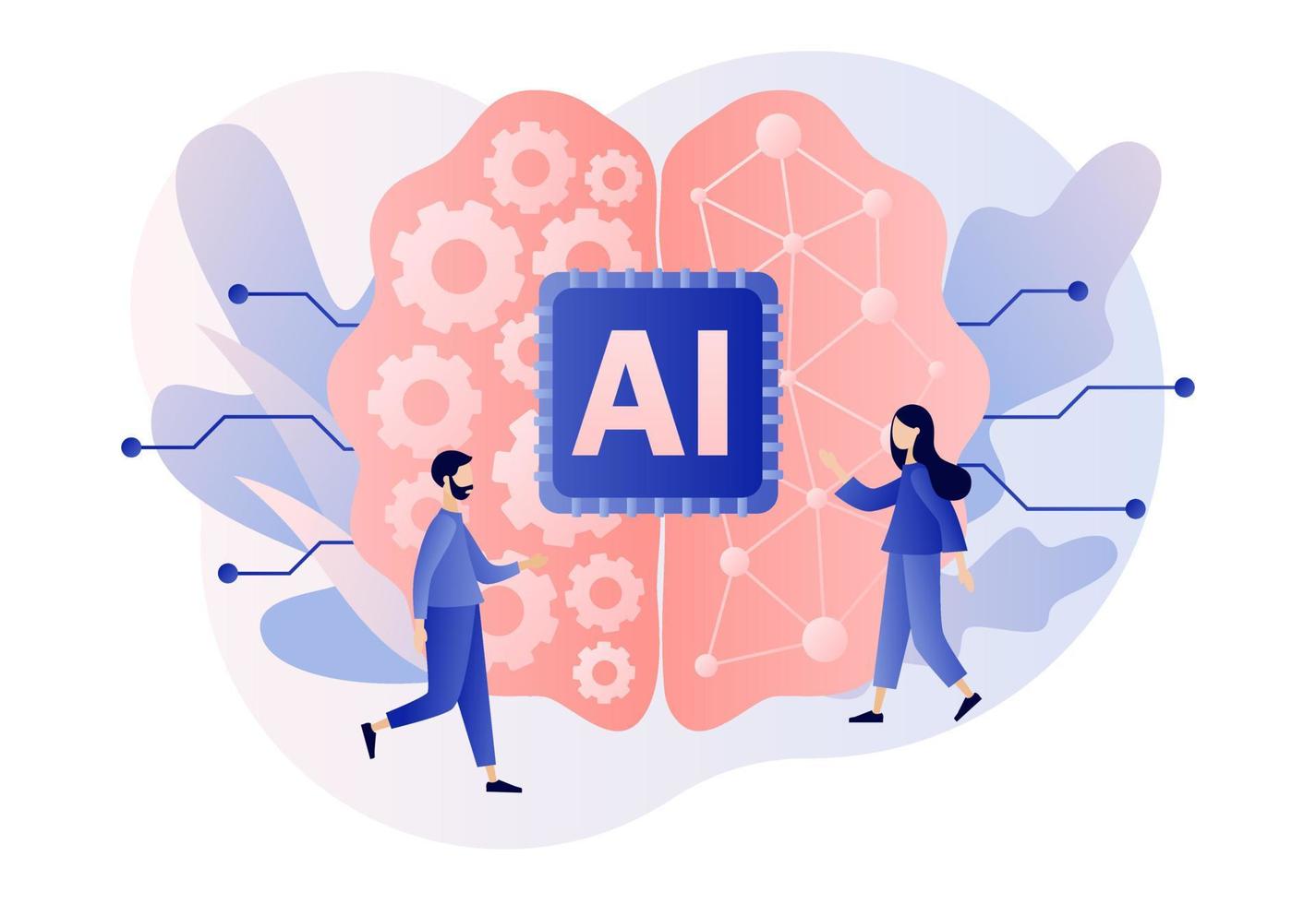 Artificial intelligence concept. Digital brain with neural network and tiny people. AI chip, machine learning, analysis information. Modern flat cartoon style. Vector illustration on white background