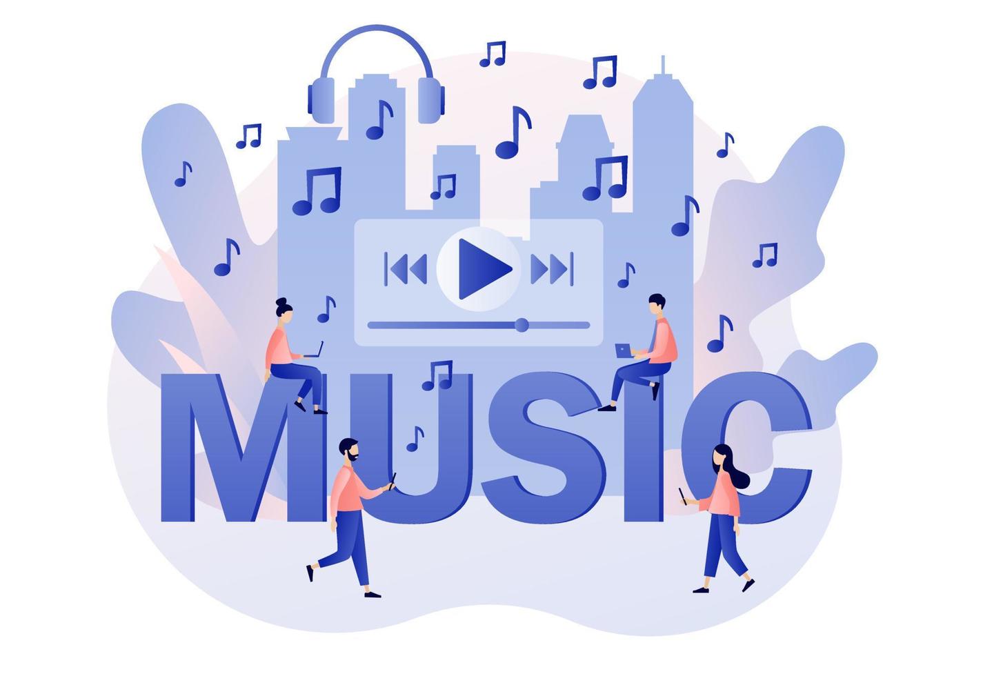 Media player app. MUSIC - big text. Tiny people listen music, sound, audio or radio online with smartphone app or laptop. Modern flat cartoon style. Vector illustration on white background