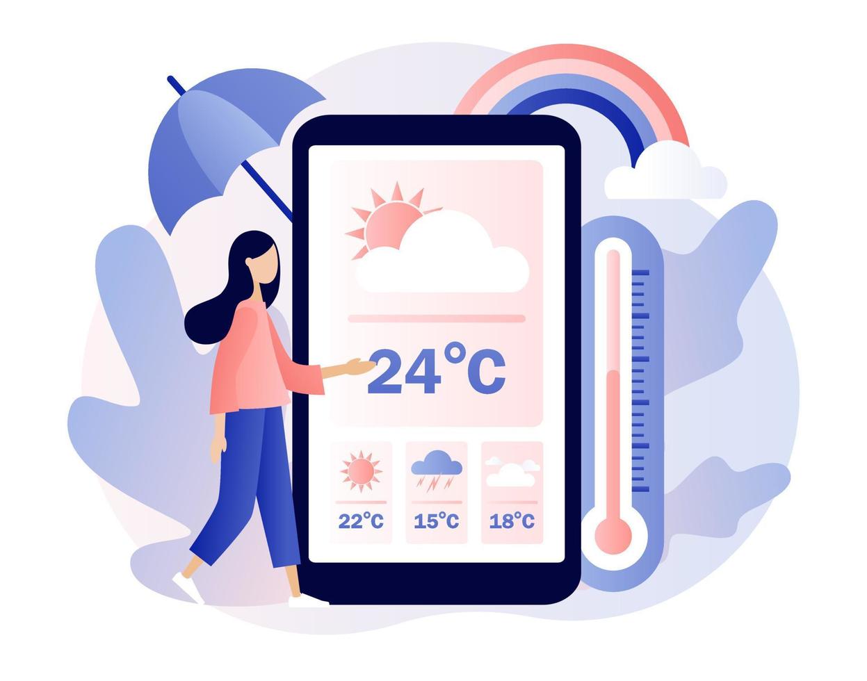 clima pronóstico en línea. minúsculo niña acecho el clima pronóstico en teléfono inteligente aplicación sol, nubes, viento, tormenta, lluvia. meteorología ciencia. moderno plano dibujos animados estilo. vector ilustración