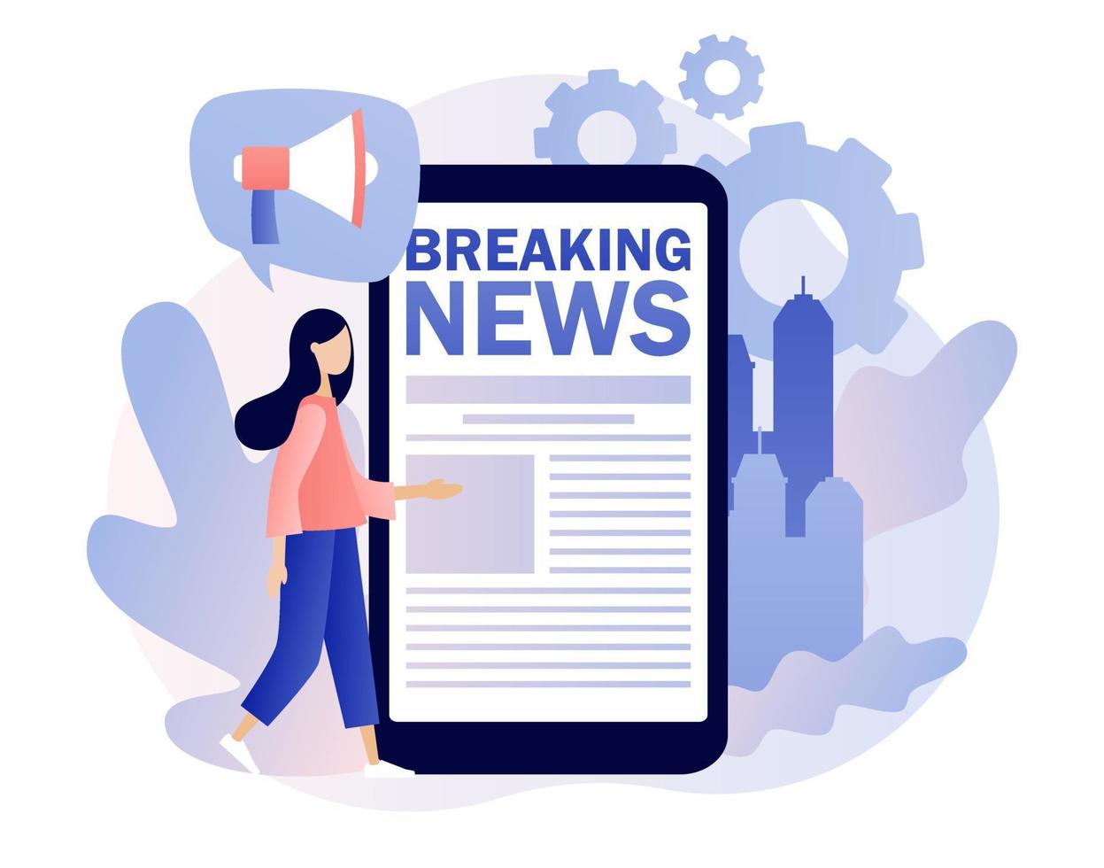 Breaking news. Tiny woman read news online using smartphone app. Newspaper on mobile phone. Modern flat cartoon style. Vector illustration on white background