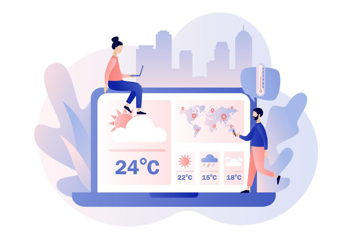 clima pronóstico en línea. minúsculo personas acecho el clima pronóstico utilizar ordenador portátil. sol, nubes, viento, tormenta, lluvia. meteorología ciencia. moderno plano dibujos animados estilo. vector ilustración