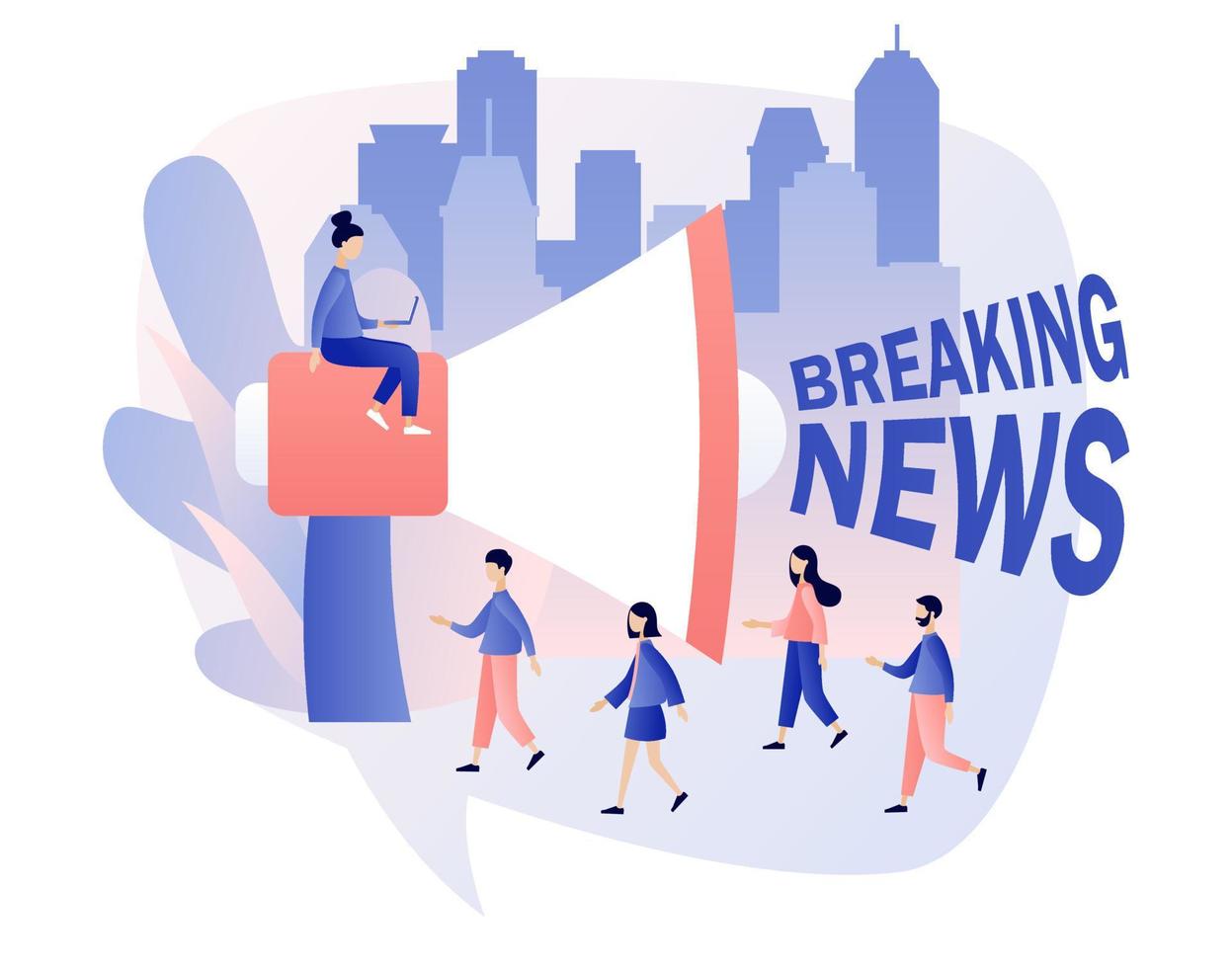 Breaking news - signis heard from a large megaphone and tiny people listening to the latest news. Modern flat cartoon style. Vector illustration on white background