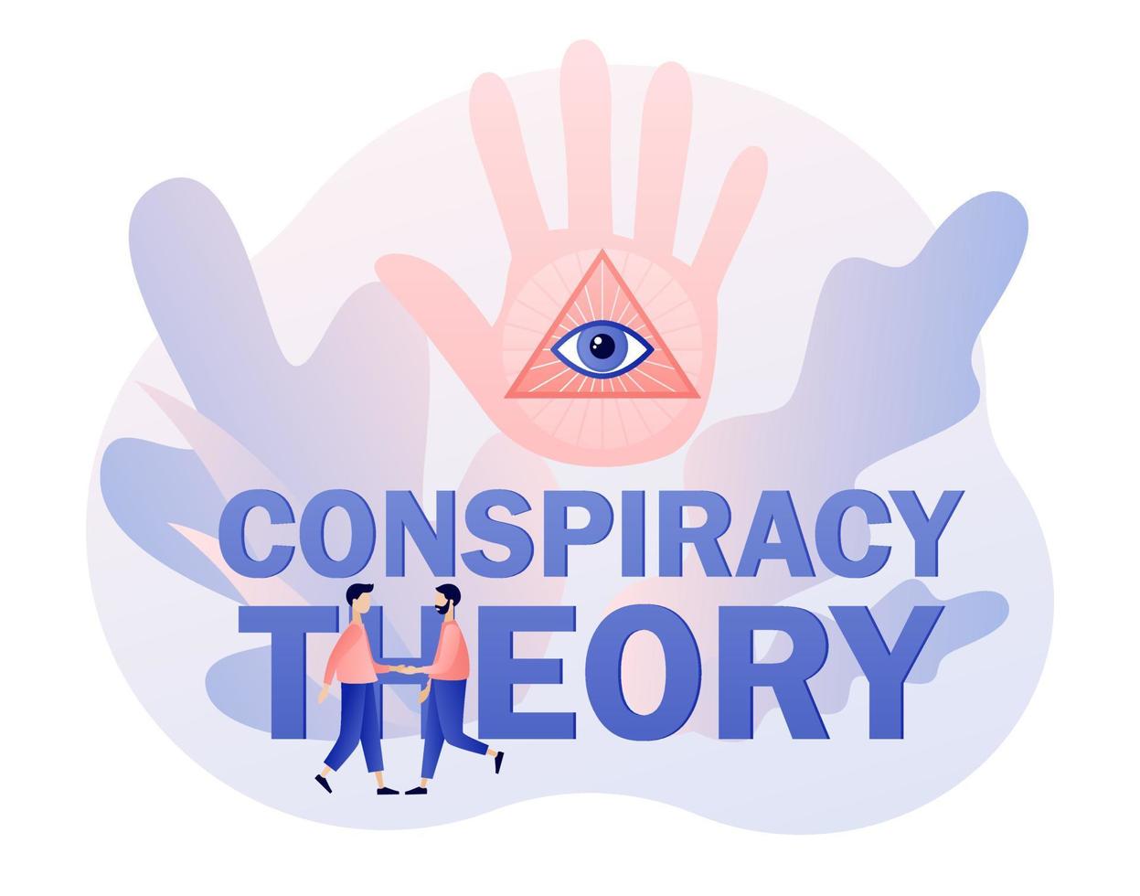 Conspiracy theory - text. Pyramid with all-seeing eye on big hand and tiny people. Symbol of world government. Modern flat cartoon style. Vector illustration on white background