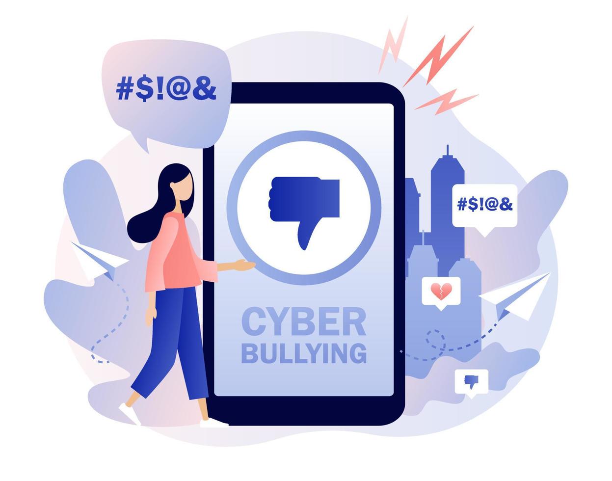 Cyberbullying. Haters online. Bullying internet, trolling and hate speech. Tiny girl put dislikes and write negative comments on her smartphone. Modern flat cartoon style. Vector illustration