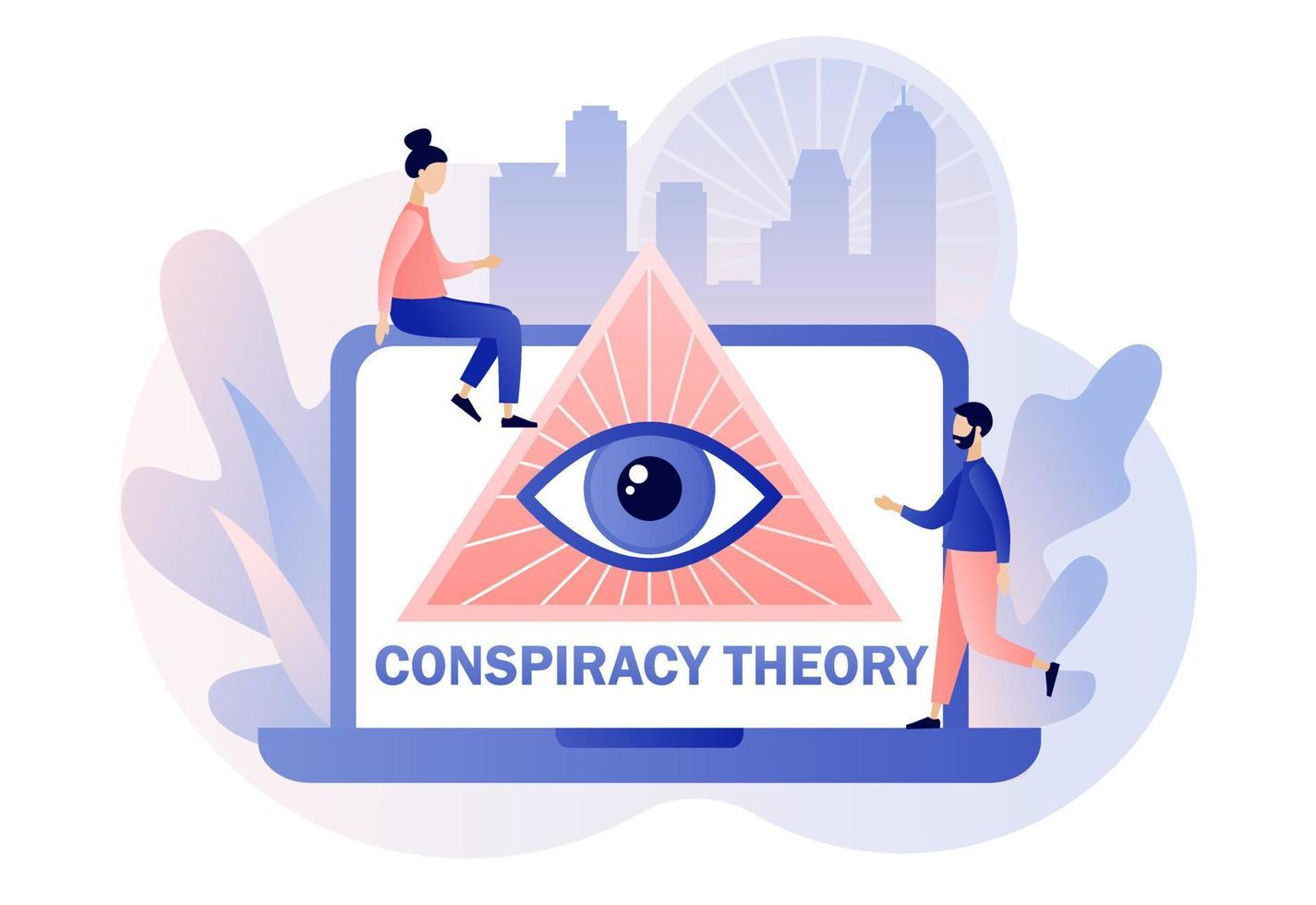 Conspiracy theory. Pyramid with all-seeing eye on laptop screen and tiny people. Symbol of world government. Modern flat cartoon style. Vector illustration on white background