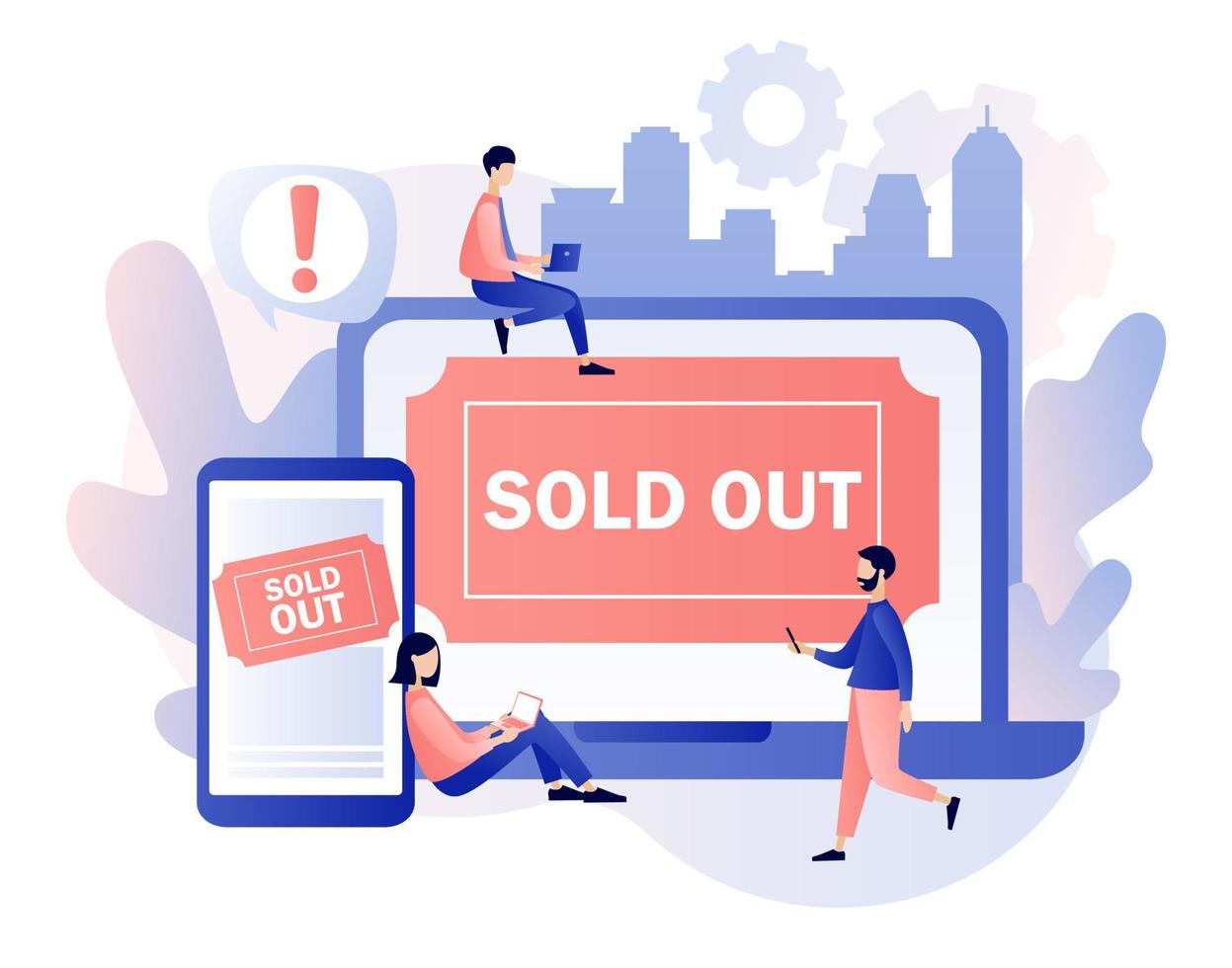 Sold-out event, sold-out crowd, no tickets available concept. Tiny people use online booking system in gadgets. Modern flat cartoon style. Vector illustration on white background